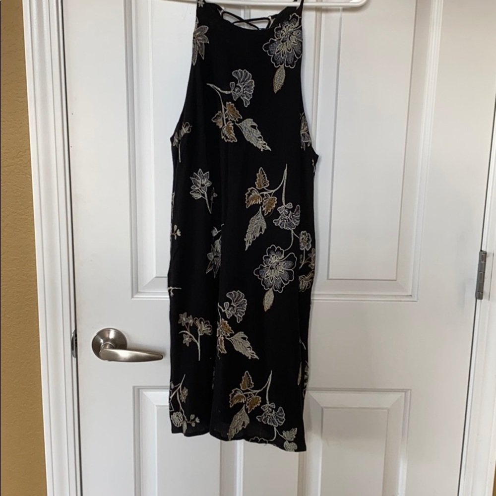 Black embroidered mini dress with lace up back